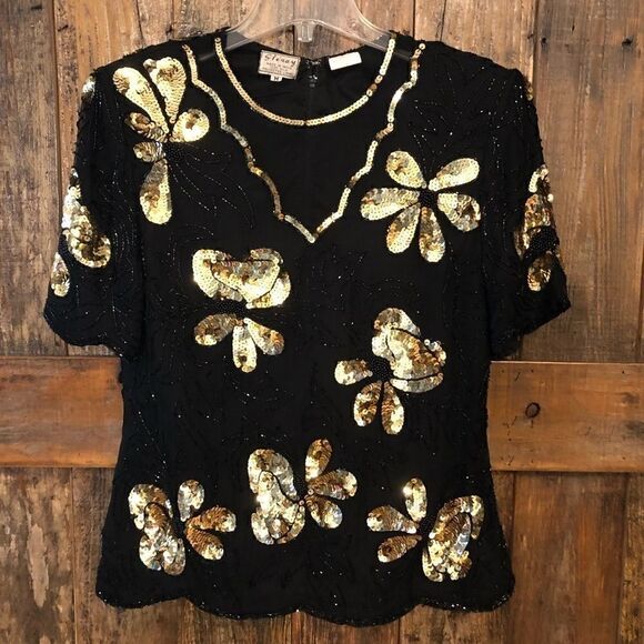 Stenay M VTG ‘90s 100% Silk Black Gold Mesh Floral Beads Sequin Mafia Vibe Top - Picture 2 of 6